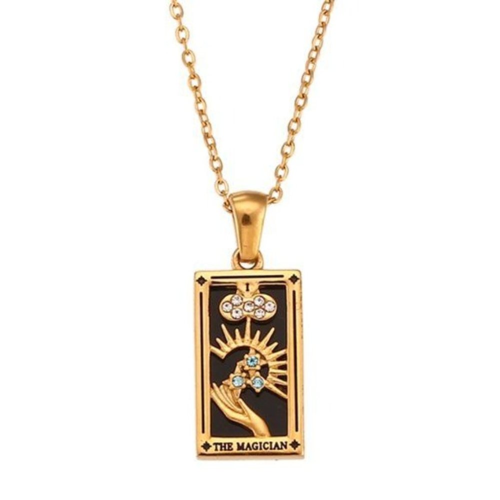 Magician Tarot Card Pendant Necklace 18K Gold Enamel Rectangle Stainless…‎